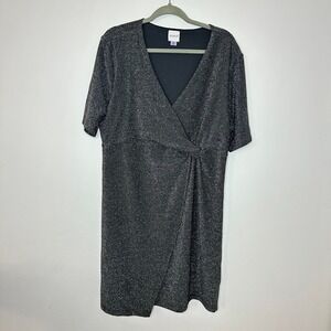 Serra Metallic Silver Wrap Dress XL Stretch Short Sleeve Lined Party